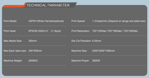 Focusinc NEXUS-350J label printer specifications: CMYK+White+Varnish, Epson I3200-U1 printheads (1-4 pcs), max media 350mm, speed 1-2m/min, die cut precision ±0.05mm