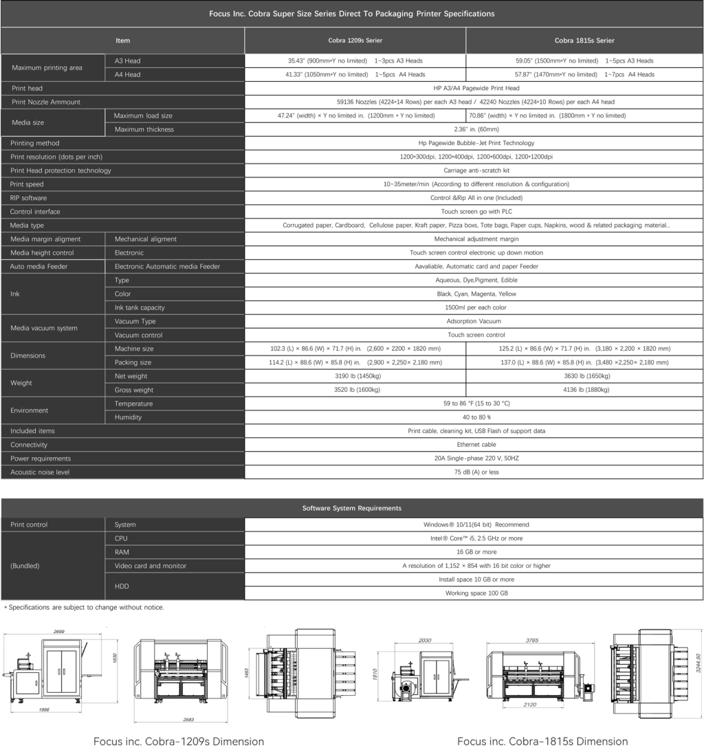 COBRA-1209S Single Pass Corrugated Cardboard Printer Full Specifications & Dimension Drawing