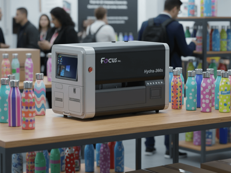 Focusinc Hydra-360s Desktop Cylinder UV Printer at Exhibition with Custom Printed Bottles