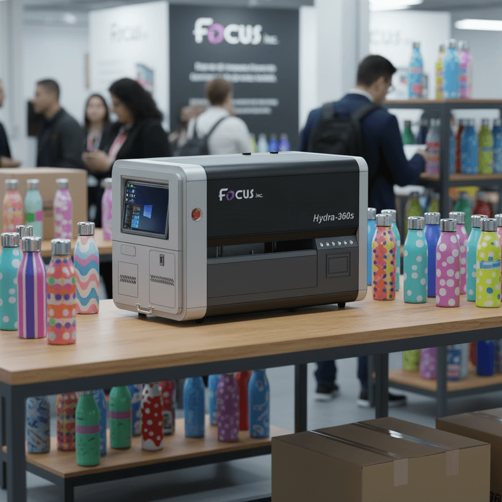 Focusinc Hydra-360s Desktop Cylinder UV Printer at Exhibition with Custom Printed Bottles