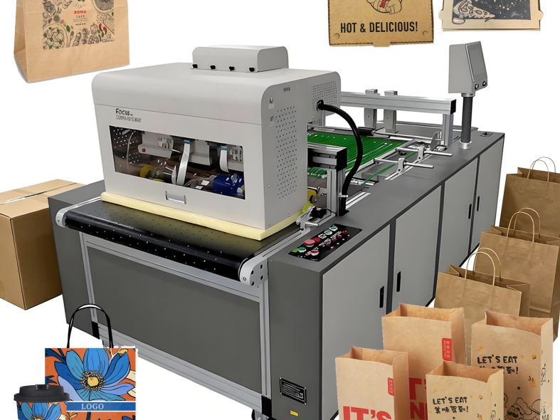 FocusInc COBRA 691S Max single pass printer with printed paper bags, carton boxes, and tissue packs