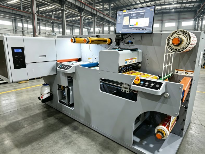 Focusinc NEXUS-350J all-in-one digital label printing and die cutting machine full view in factory workshop