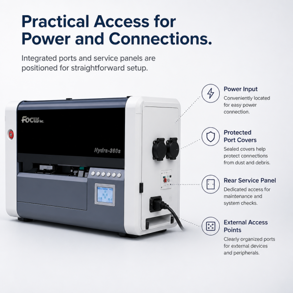 FOCUS HYDRA-360S cylinder UV printer power and connection panel with integrated ports and service access for easy setup