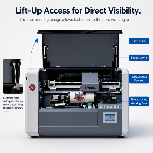 FOCUSINC HYDRA-360S cylinder UV printer with lift-up cover for direct visibility and easy access to printhead components