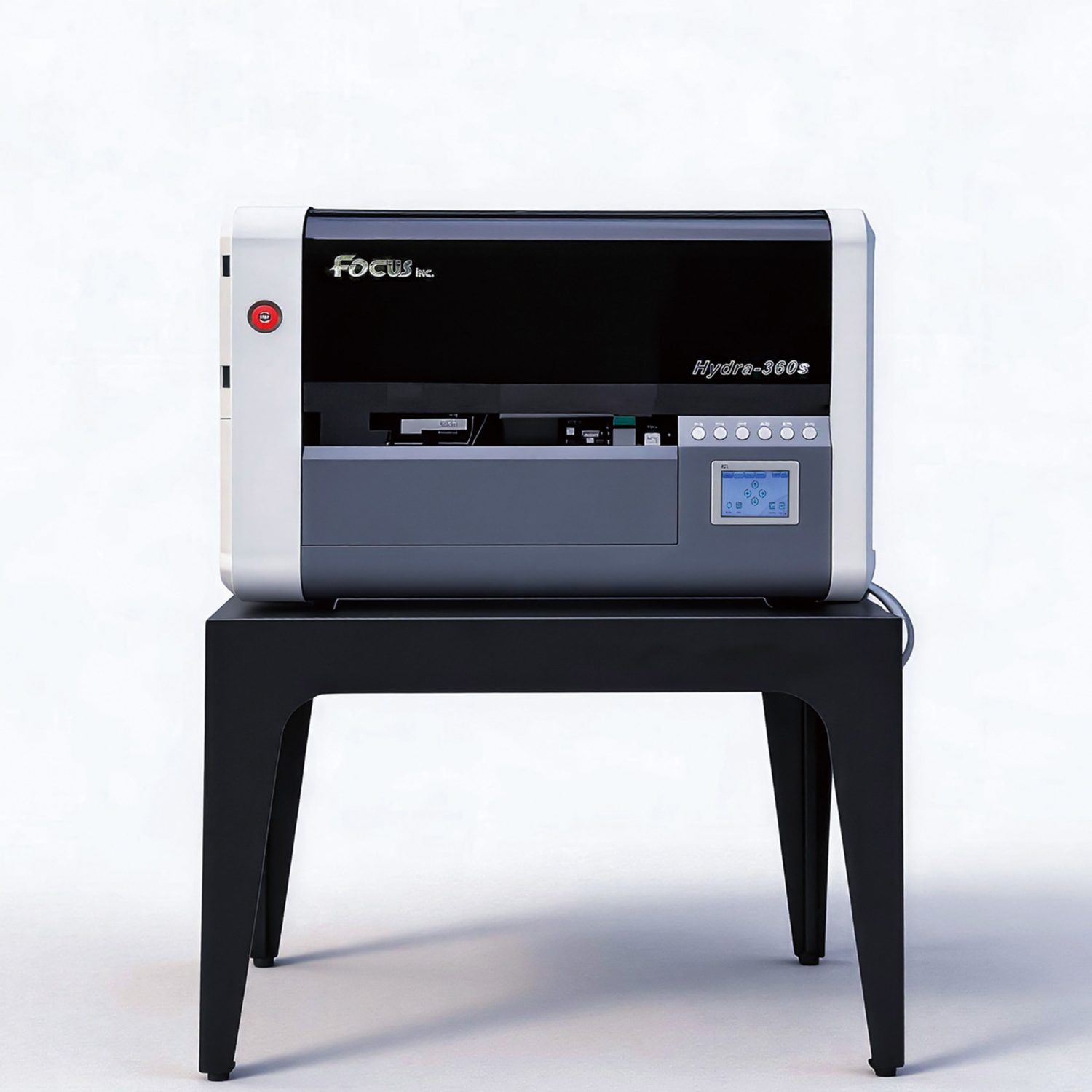 Front view of Focus Hydra 360S cylinder printer with control panel, designed for small-batch custom bottle printing