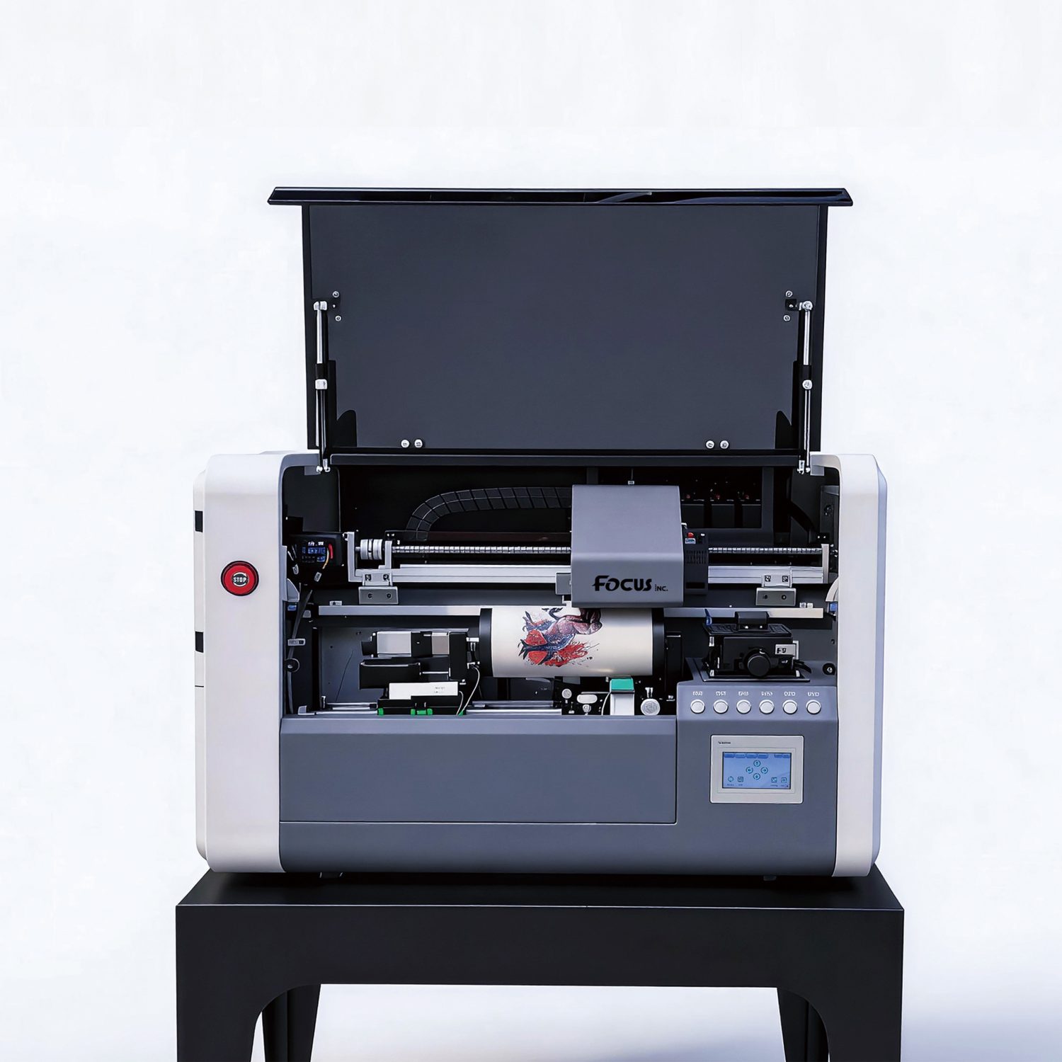 Top view of Focus Hydra 360S desktop cylinder printer, showing the printing area for tumbler and cup production