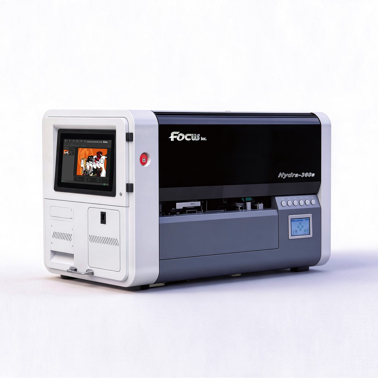 Focus Hydra-360S cylinder printer with open cover, showing internal printing mechanism for bottle customization