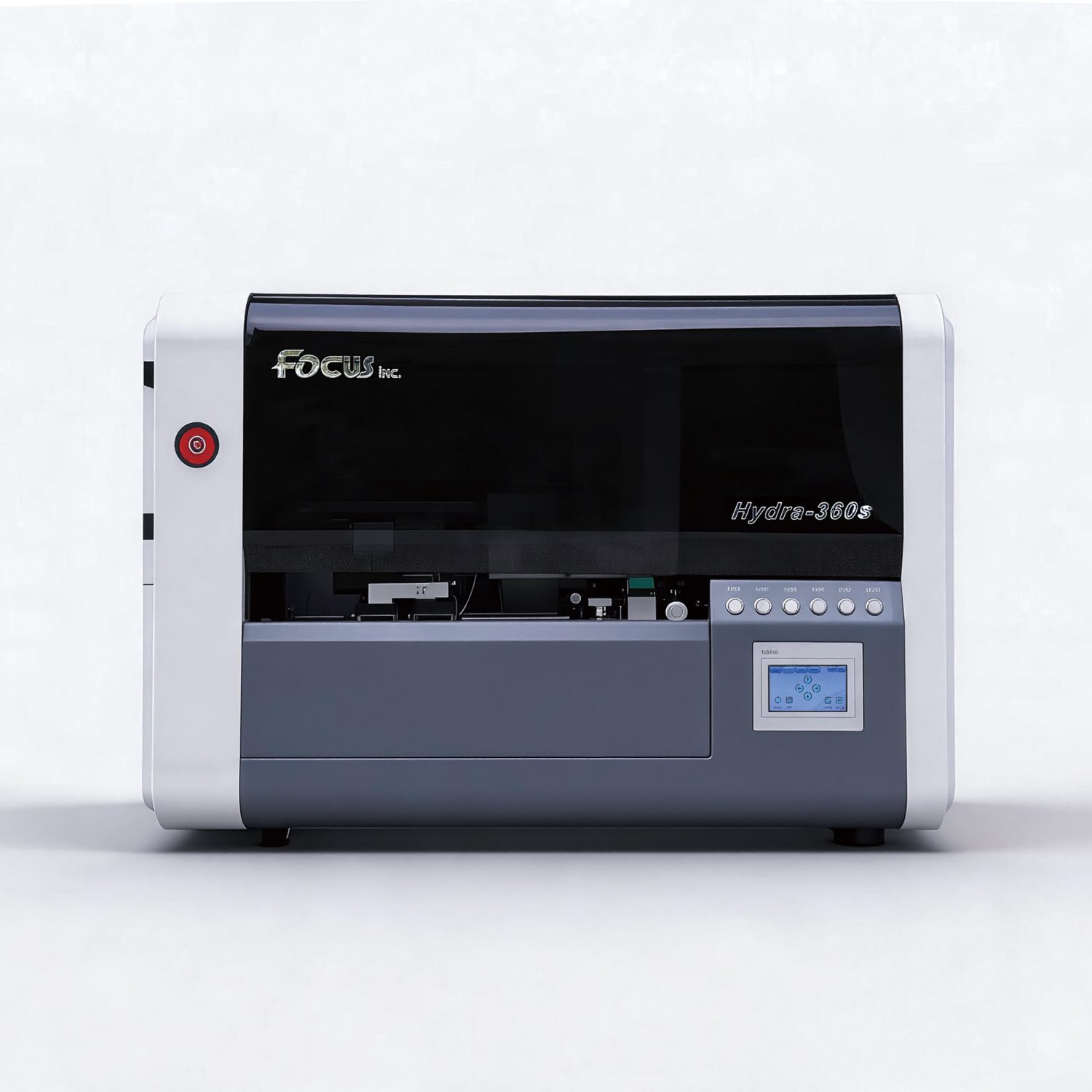 Focus Hydra-360S cylinder printer with open cover, showing internal printing mechanism for bottle customization