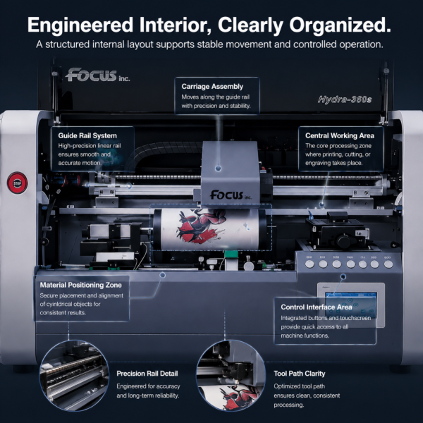 Internal component design of FOCUS HYDRA-360S cylinder UV printer, showing organized ink system and control board layout