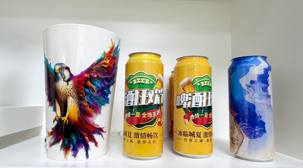 Custom printed aluminum beverage can with brand logo, produced by FOCUS HYDRA-360S cylinder UV printer