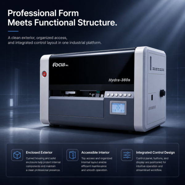 Focus Nexus 360S desktop cylinder printer showing professional industrial design and compact functional structure for tumbler and bottle printing