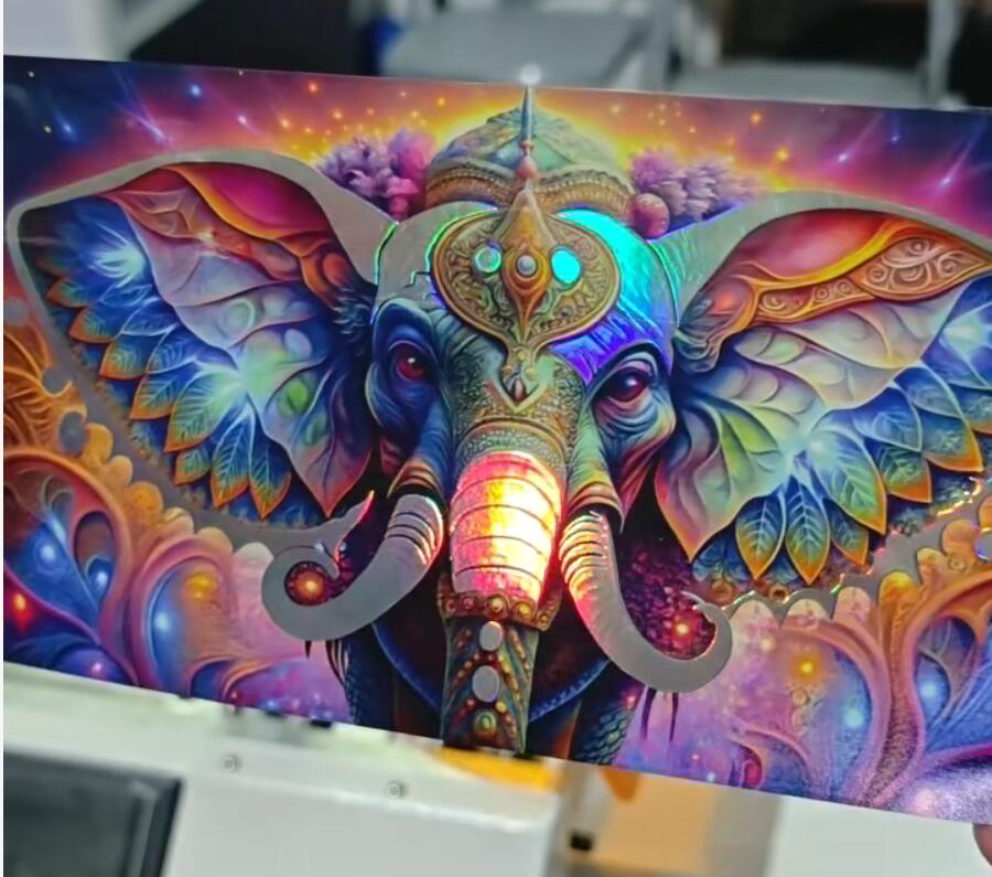 Focusinc NEXUS-350J label sample with gradient special effect film over UV varnish, creating holographic and metallic finishes